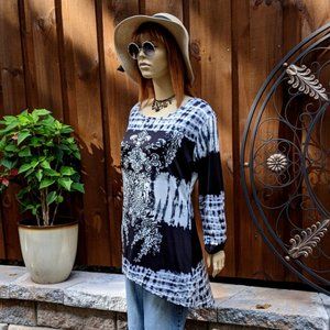BOHO Tunic Top Dress * Blk/Gray/White * Size L/XL